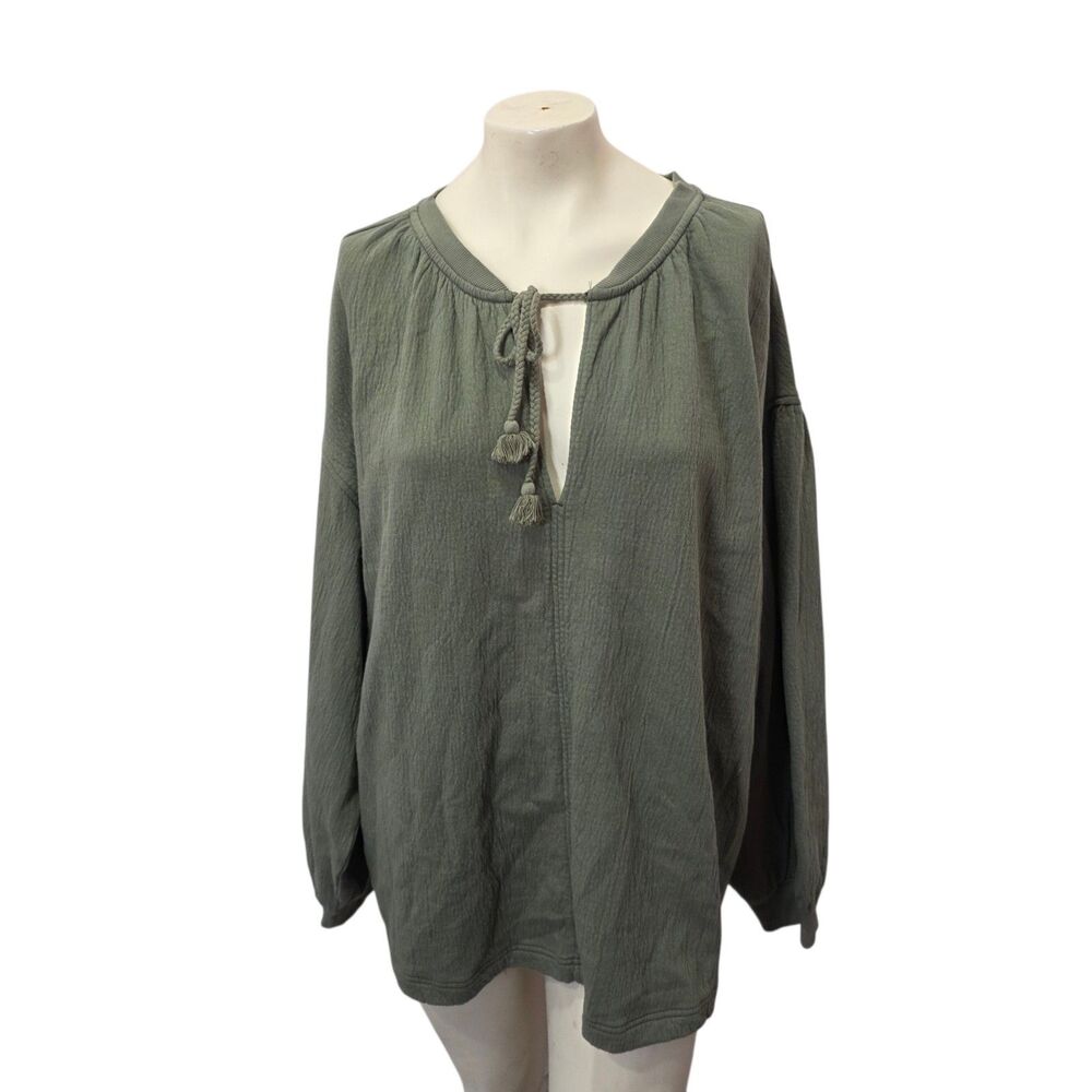 Aerie Olive Green Boho Peasant Top Tassel Tie Balloon‎ Sleeve Large L